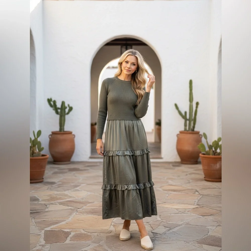 In February Sweater Midi Dress Womens Size S Dusty Olive Ruffle Pockets - Picture 2 of 7
